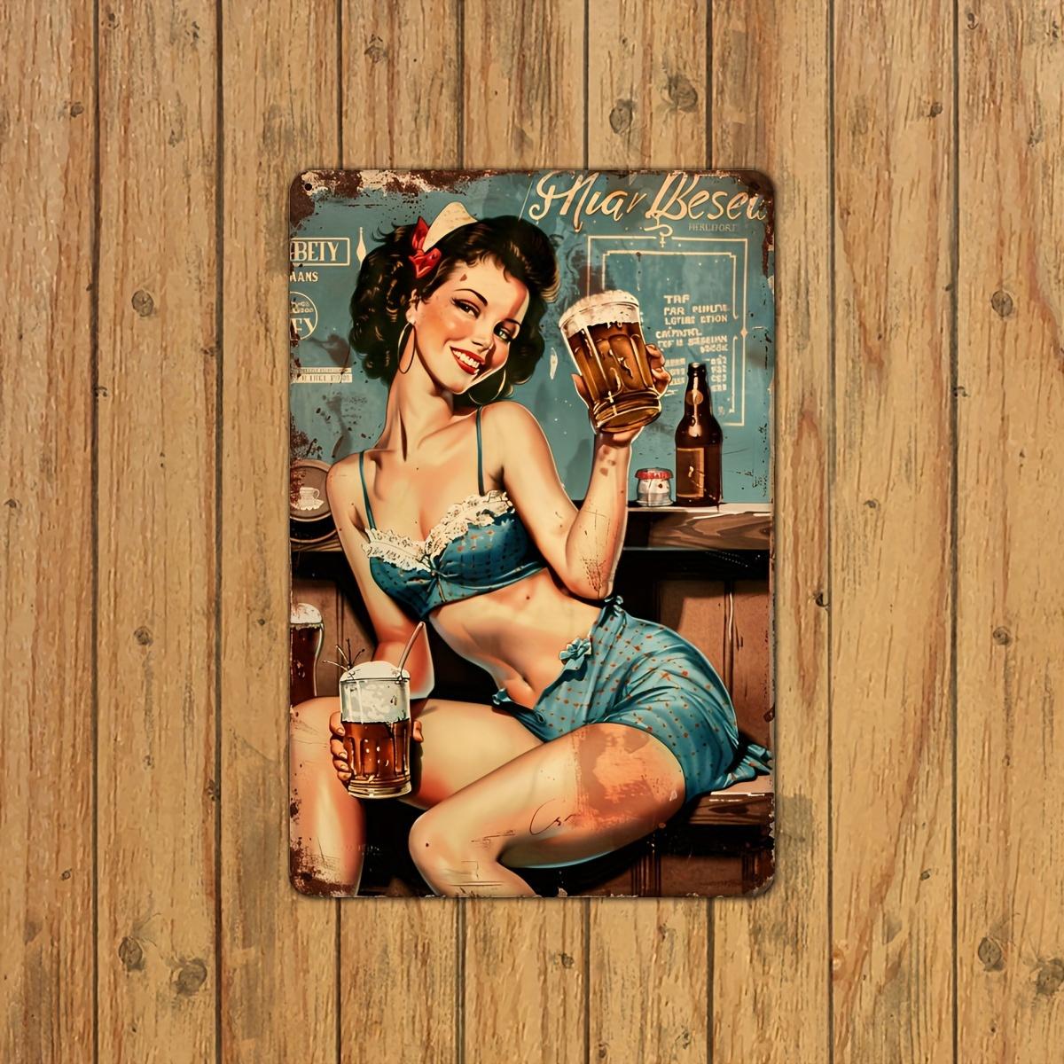 Винтажная Ретро Металлическая Жестяная Вывеска Черлидерши Железное Настенное Искусство с Пивной Тематикой Идеально для Домашнего Бара Кафе или Декора Гаража Внутри Помещения 20x30cm（7.8x11.8inch）