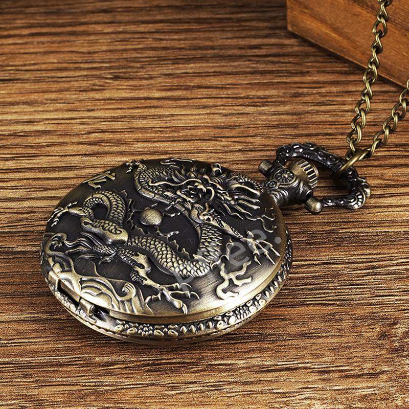 Pffee китайские бронзовые драконы винтажные кварцевые карманные часы с цепочкой мужские — фото 4