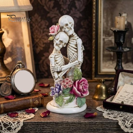 Halloween Table Ornaments Resin Hugging Skeleton Couple Figurine with Roses, Gothic Eternal Love Skull Art Sculpture Statue, Day of The Dead Romantic
