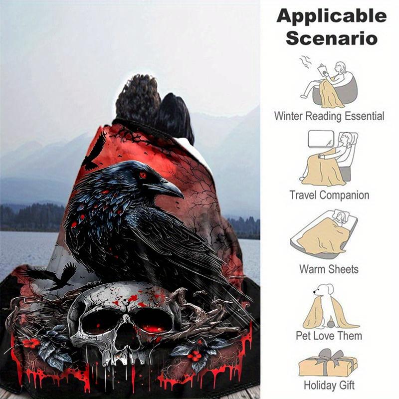 1pc Crow and Skull Blanket Soft Throw for Home Decor, Gift Idea, Living Room, Travel, Camping, Car Blankets