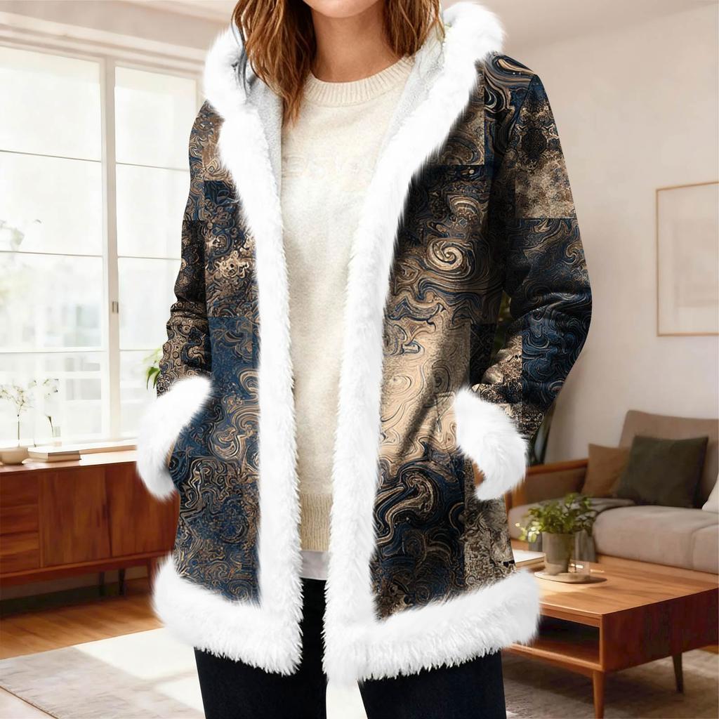 Lässiger Damen-Fleece-Kapuzen-Cardigan mit Taschen Warme Oberbekleidung
