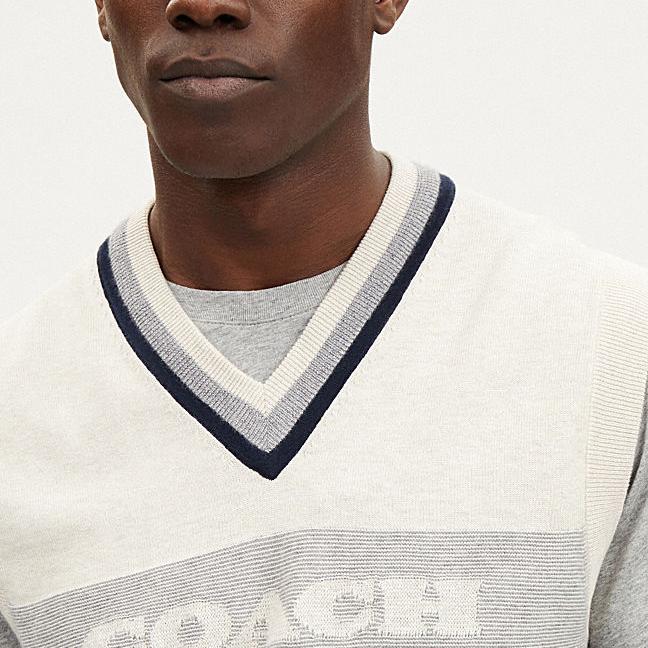 Coach Striped Letter Logo Inlaid V-Neck Vest Men vest Navy-Blue CO837-WXO