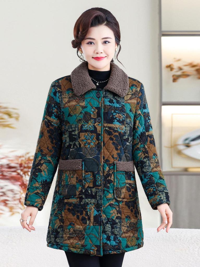 Autumn/Winter 2025 Mid-Length Plus Velvet Cotton Jacket for Stylish Middle-Aged and Elderly Women