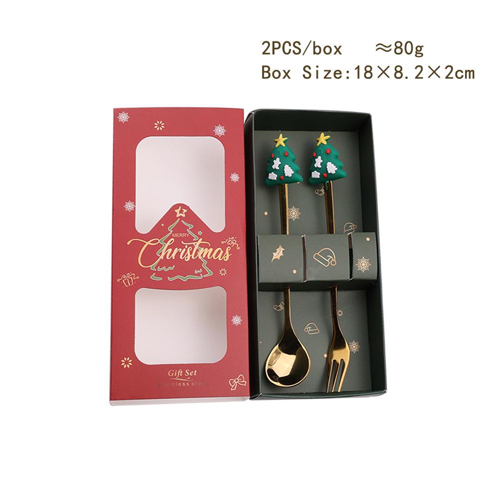 HANYANG juleskjesett julegavebestikk To sett med dessertskjeer og gafler Santa elg dukkeskje