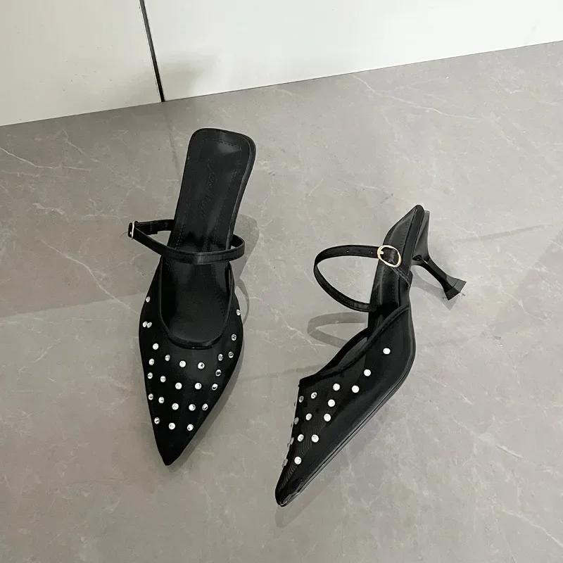 Fashion Crystal Women Slippers Heeled Sandals Pointed Toe Mesh Mules Shoes Woman 2025 Trend Summer Elegant Pumps Dress Slides Plus Size
