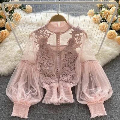 Lantern Long Sleeve Flower Shirt Women Stand Collar Mesh Lace Blouse 2 Two Pieces Set Women See Through Lining Short Tops 29996