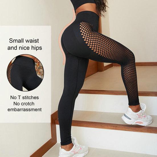 Women Solid Color High Waist Yoga Pants Push Up Hip Lifting Tummy Controlling Side Hollow Mesh Splicing Fitness Leggings