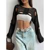 Women S Crochet Hollow Out Long Sleeve Short Knit Sweater