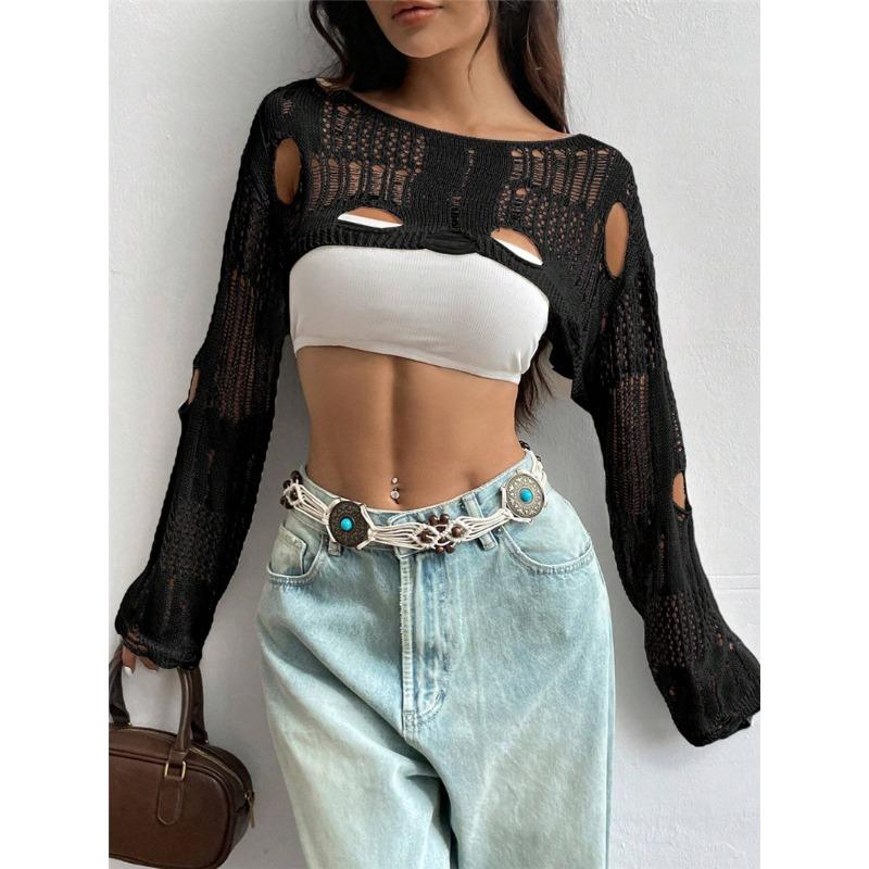 Women S Crochet Hollow Out Long Sleeve Short Knit Sweater
