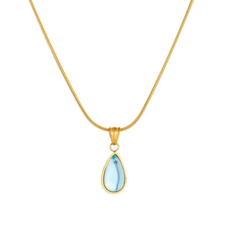 Gold Plated Snake Chain Necklace with Teardrop Shaped Blue Stone Pendant Fashion Jewelry for Women