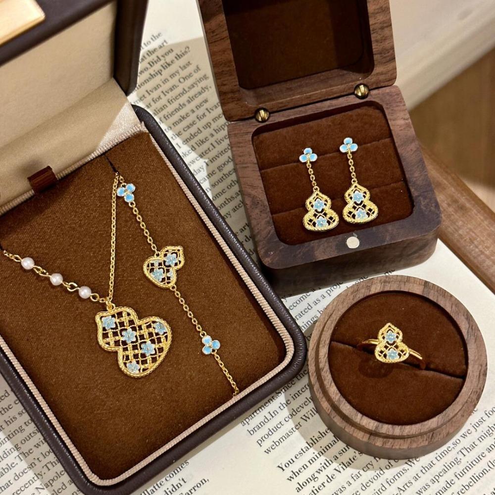 Chinese Style Jewelry Set Blue Enamel Gourd Necklace Bracelet Earrings Ring for Women