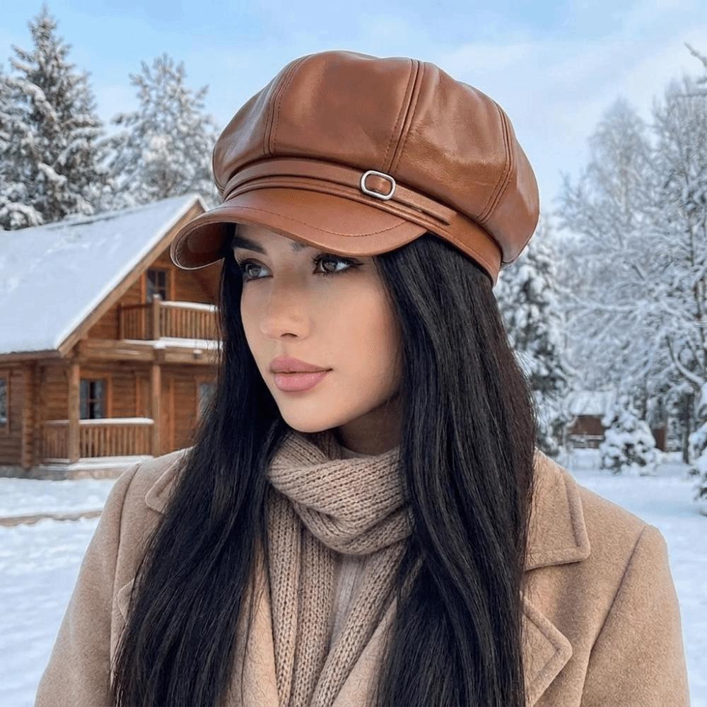 Versatile PU Beret Cap Keep Warm Octagonal Hat Fashion Leather Painter Hat Daily