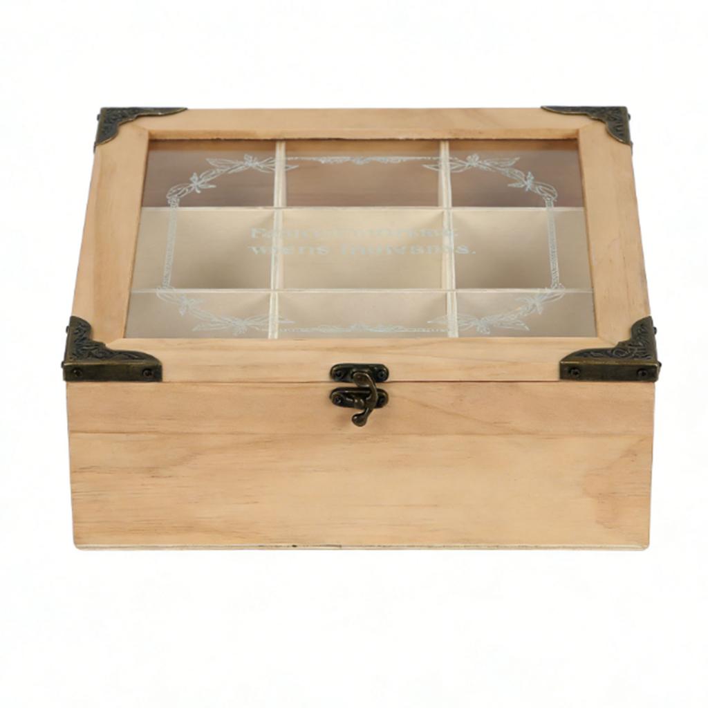 Wooden Tea Bag Organizer Box 9 Compartments Storage Teabag Holder Container with Transparent Lid for Countertop Tea