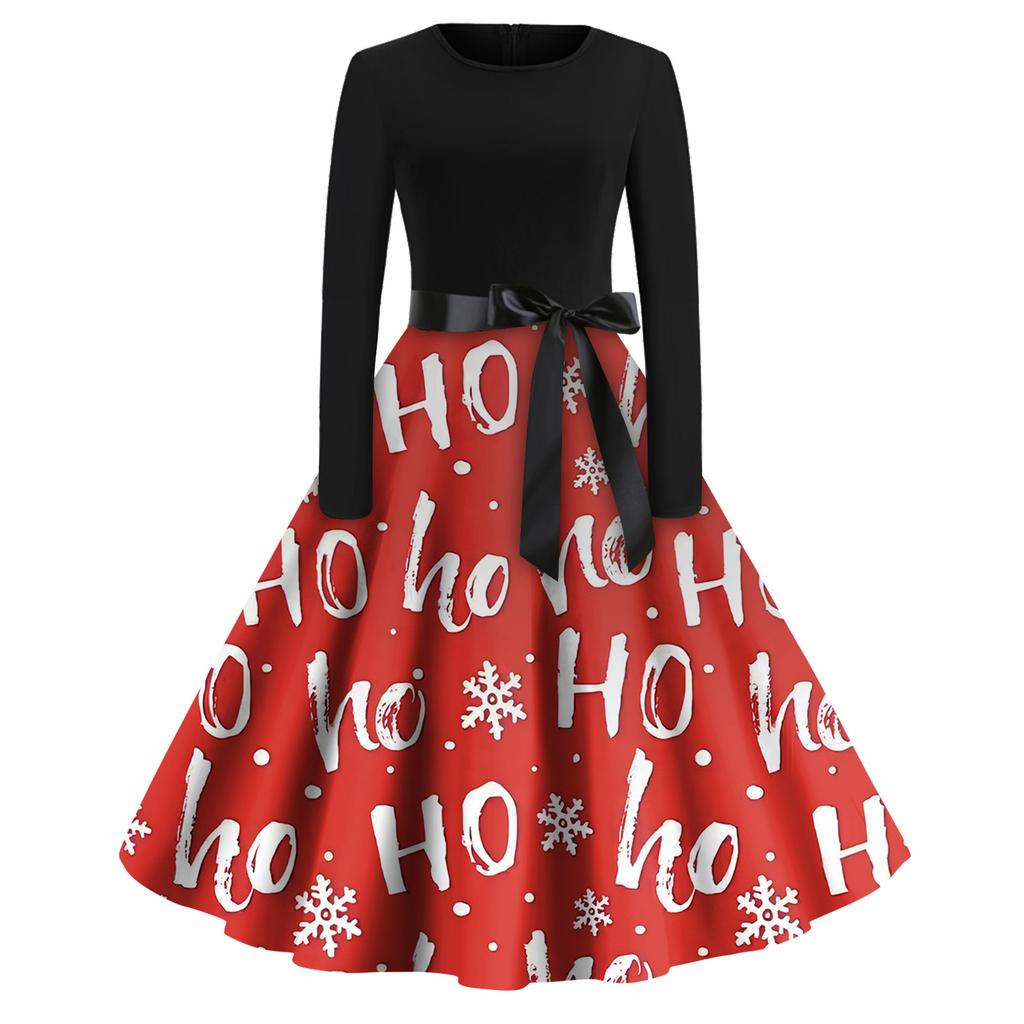 Christmas Print Flare Dress For Women Long Sleeve Dress Hollow Party Casual Dresses
