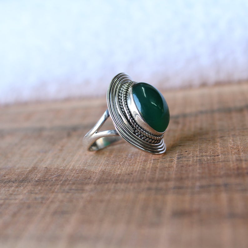 Green Onyx Gemstone Silver Ring, 925 Sterling Solid Ring, Stackable Silver Ring, Handmade Jewelry, Valentine's Day Gift,