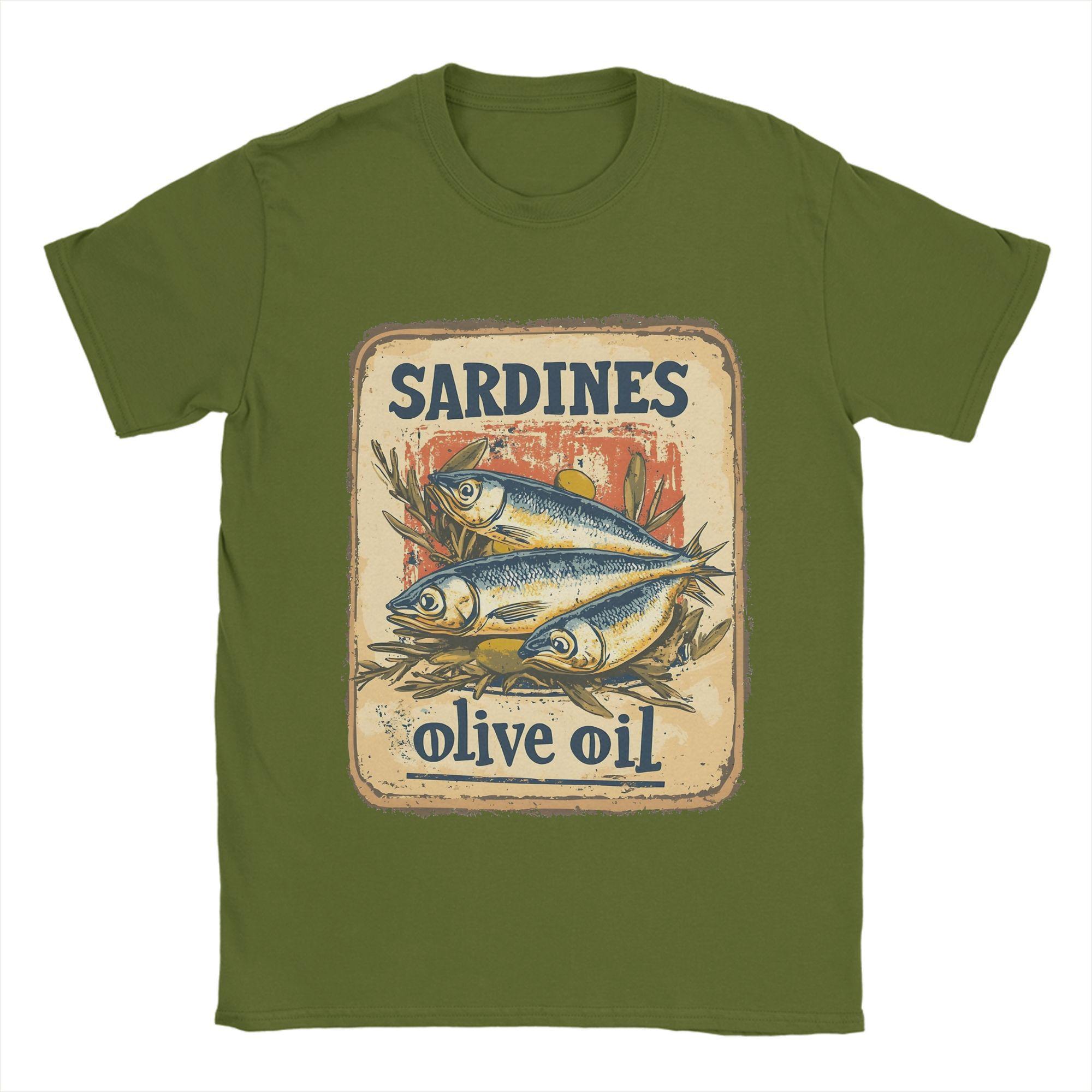 

Мужская футболка «Сардины в оливковом масле» Футболка Винтажный постер Одежда из чистого хлопка Повседневная футболка с коротким рукавом и круглым вырезом Футболка 4XL