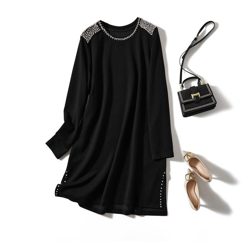 

Chic Large-Area Rhinestone Epaulet! Show New Women s Long Sleeve Super Loose Cotton Dress Can Wear 90.00kg Black 4XL