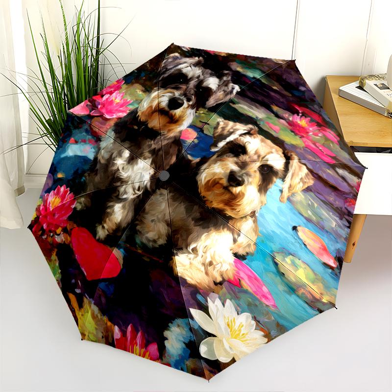 Pink Schnauzer Pattern, Automatic Folding Umbrella, Portable and Foldable Design, 8 Ribs, a Christmas or Birthday Gift.
