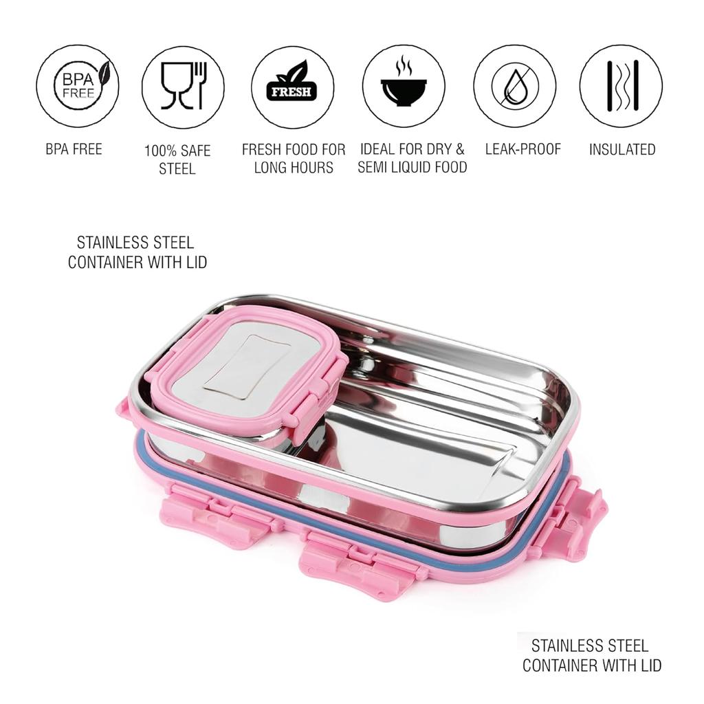 Insulated Stainless Steel Lunch Box For Work Or School With Veg Snack Box And Leak-Proof Lock In Elegant Pink Design