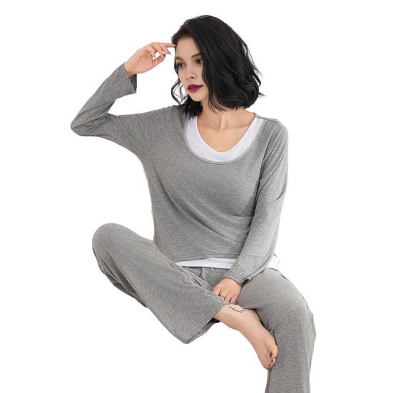 Two Piece Modal Pajamas Set for Women Long Sleeve Top And Pants Sleepwear with Built-in Bra Casual Loungewear Pjs Set