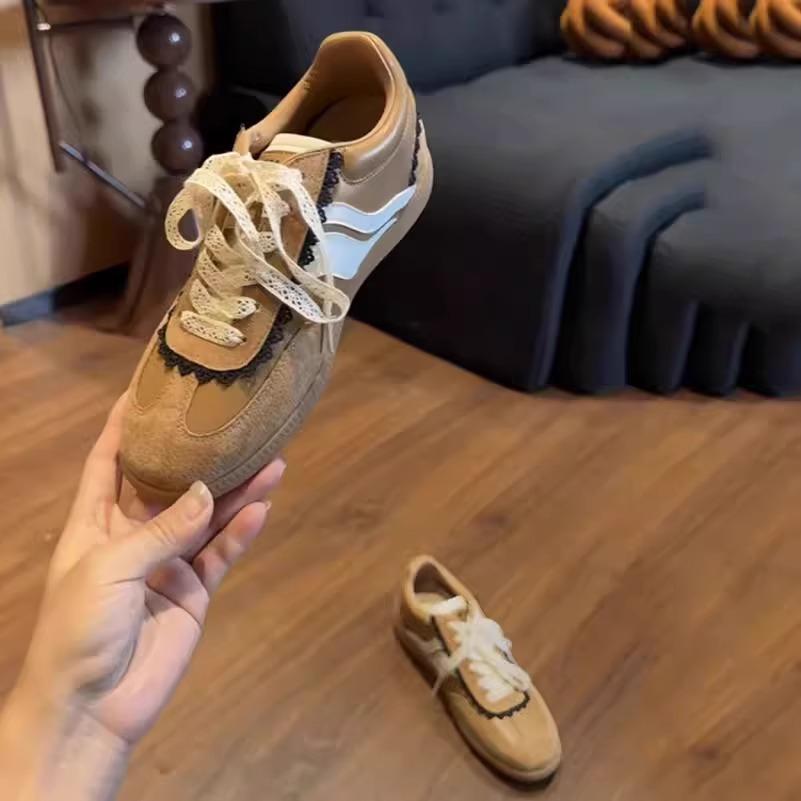 Cowhide version~ 6cm inner height increase niche lace design sense moral training shoes women's small Forrest Gump casual moral training board shoes