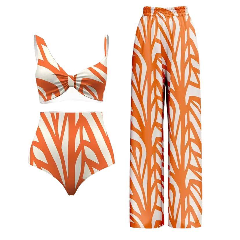 2025 Euro-American Fashion Three-Piece Striped Swimsuit with Cover-Up & Sun Protection