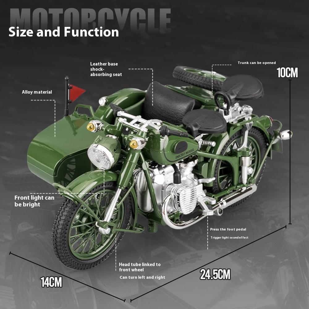 1/10 Alloy Die-cast 750 Tricycle Model, Retro Motorcycle Toys, Simulated Military Enthusiasts Collection Ornaments Gifts