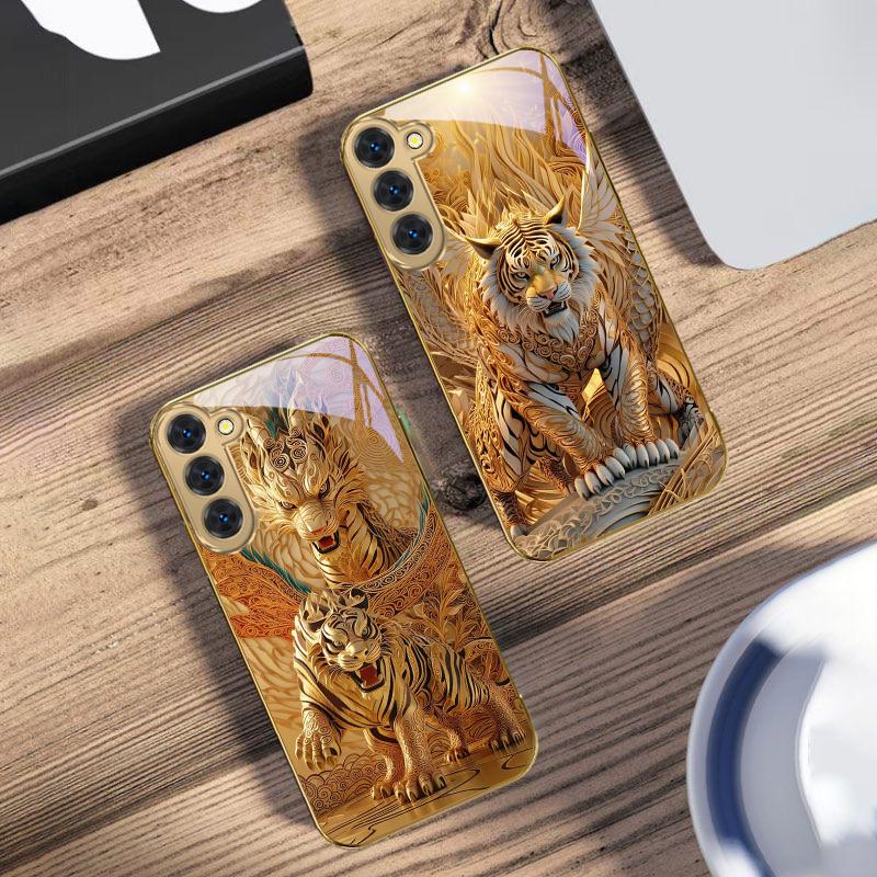 Fantasy Golden Beast For Samsung Galaxy S20 FE S21 S22 S23 Plus S24 Ultra 25Ultra S21+ S9+ S22Plus Golden Glass Phone Case