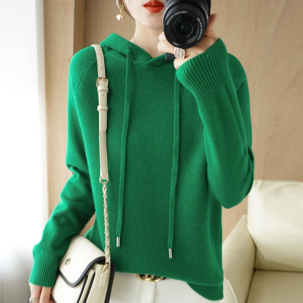 Women's Hooded Long Sleeve Loose Fit Knit Sweatshirt Solid Color Casual Pullover Winter Top
