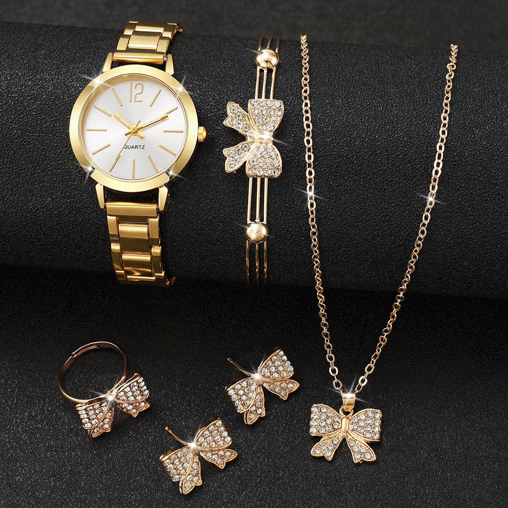 6PCS/Set Montre de Luxe Simplifiée pour Femme Mode Petit Cadran Acier Inoxydable Montre à Quartz Sertie de Diamants Ensemble de Bijoux Papillon
