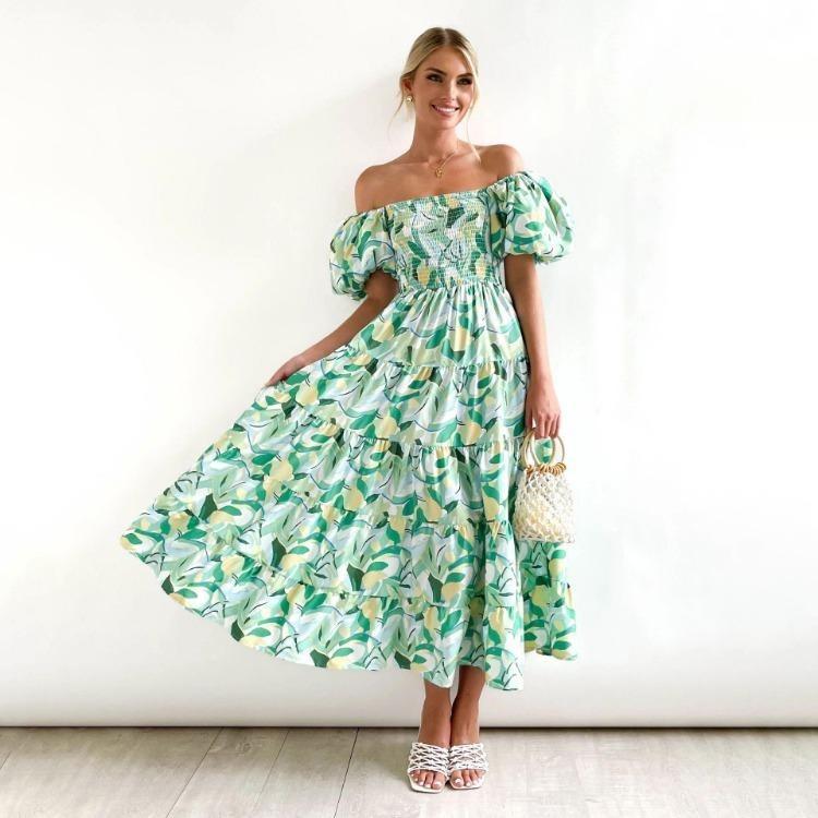 Fashion Summer Dress Women Strapless Print Pleated Short Sleeve Ankle Length