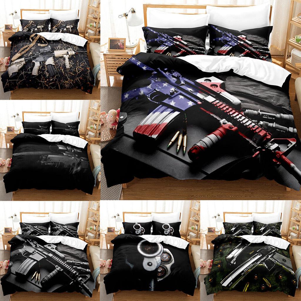3D Military Weapon Gun Doona Duvet Cover Pillowcase Kids Boy Men Bedding Queen