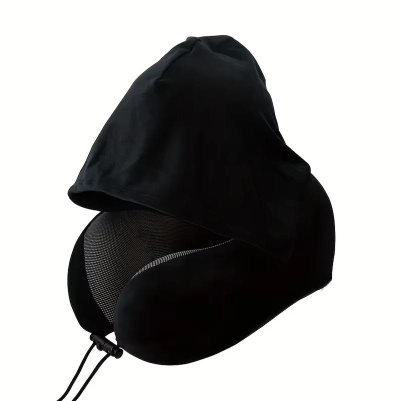 Memory Foam Hooded U-Shaped Travel Pillow with Detachable Cover Portable Neck Support for Airplane Office Nap Car and Home Use