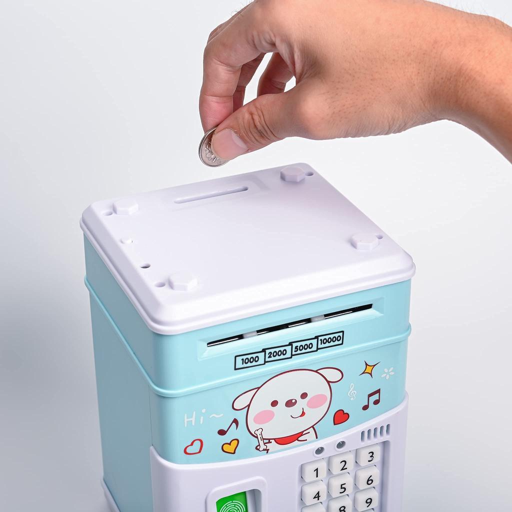 Niebieska skarbonka świnka Lucky Lotto z banknotami, angielskie rymowanki i muzyka, dołączona japońska instrukcja, w kształcie bankomatu, dla dzieci