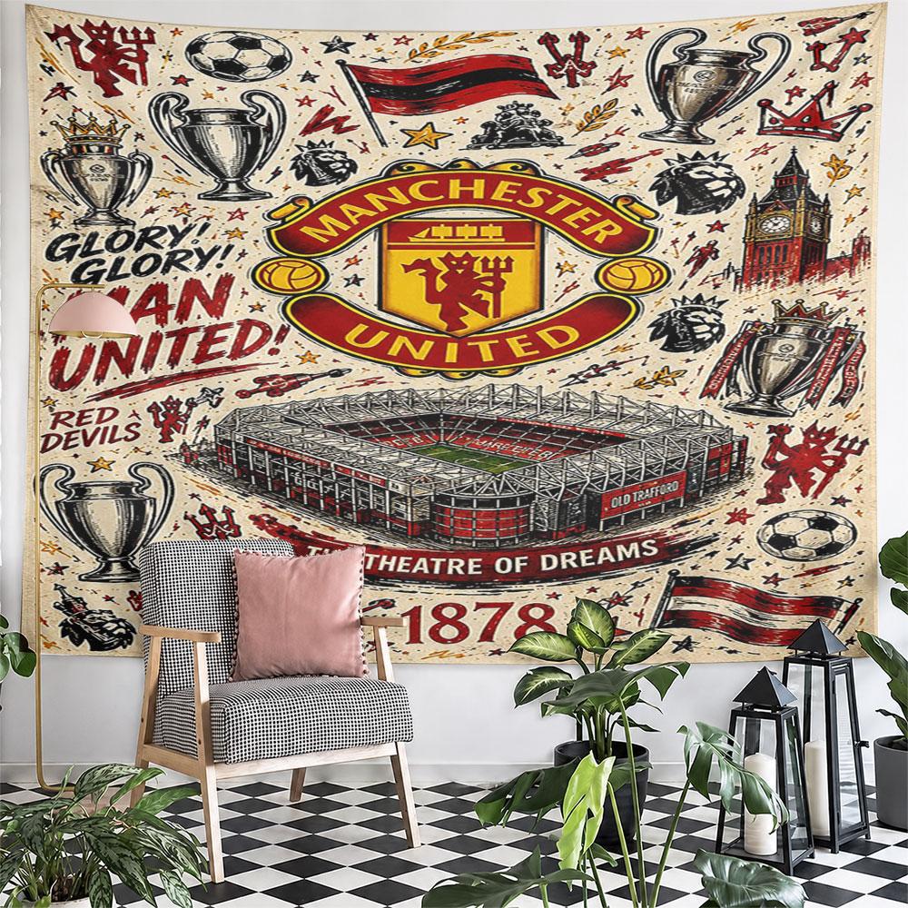 Manchester United Team Collage Pattern Wall Hanging Tapestry Decorative Tapestry Home Decor for Bedroom and Living Room
