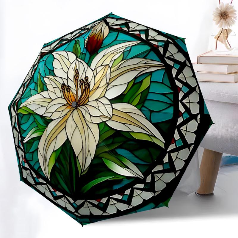 1pc Floral StainedGlass Automatic Open/Close Umbrella with Windproof, Functional Design, 8-Rib Sturdy Canopy