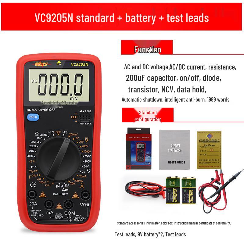 Shengde DT9205N High-Precision Digital Multimeter with Anti-Burn Protection and Auto Power-Off