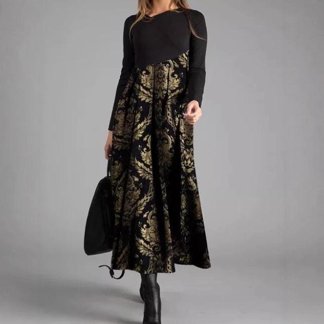 Women Color Block Floral Print Long Sleeve Maxi Dress Casual Loose A Line Long Dress S-XXXL