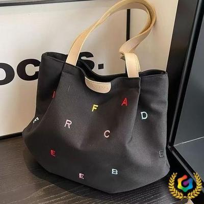 2025 Trendy Women's Canvas Tote with Embroidered Letters – Spacious Single Shoulder Bag for Students