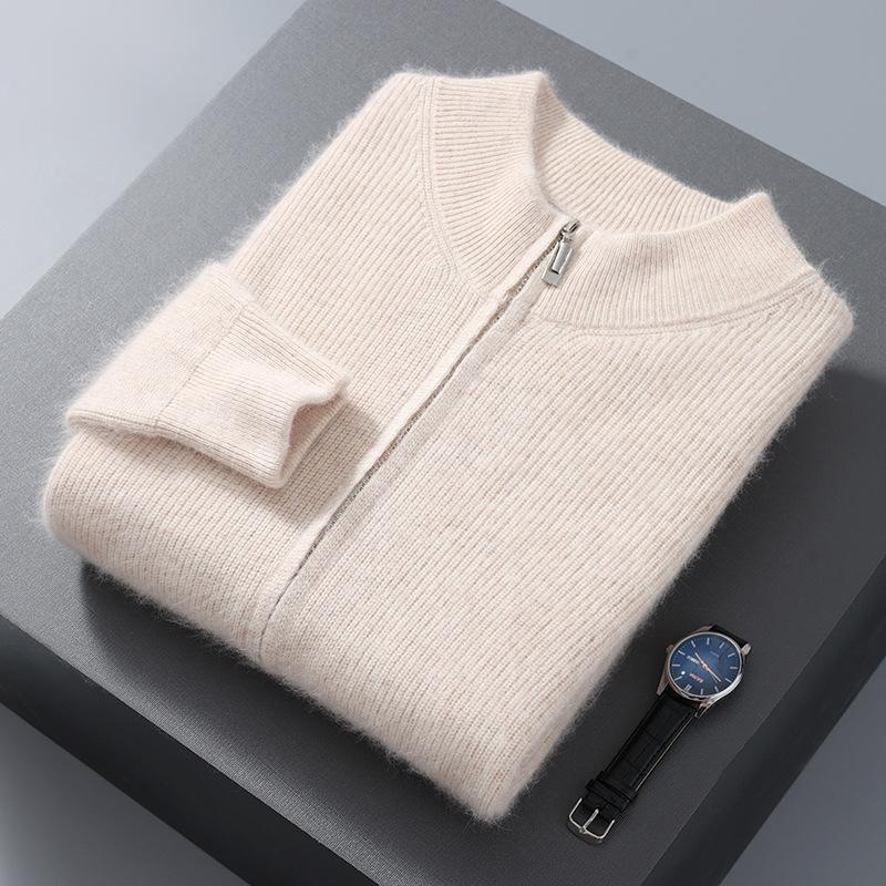 Nerz Samt Mittelhoher Kragen Cardigan, Einfarbig Gestreift, Verdickte Strick Herbst/Winter Basis Layer Pullover