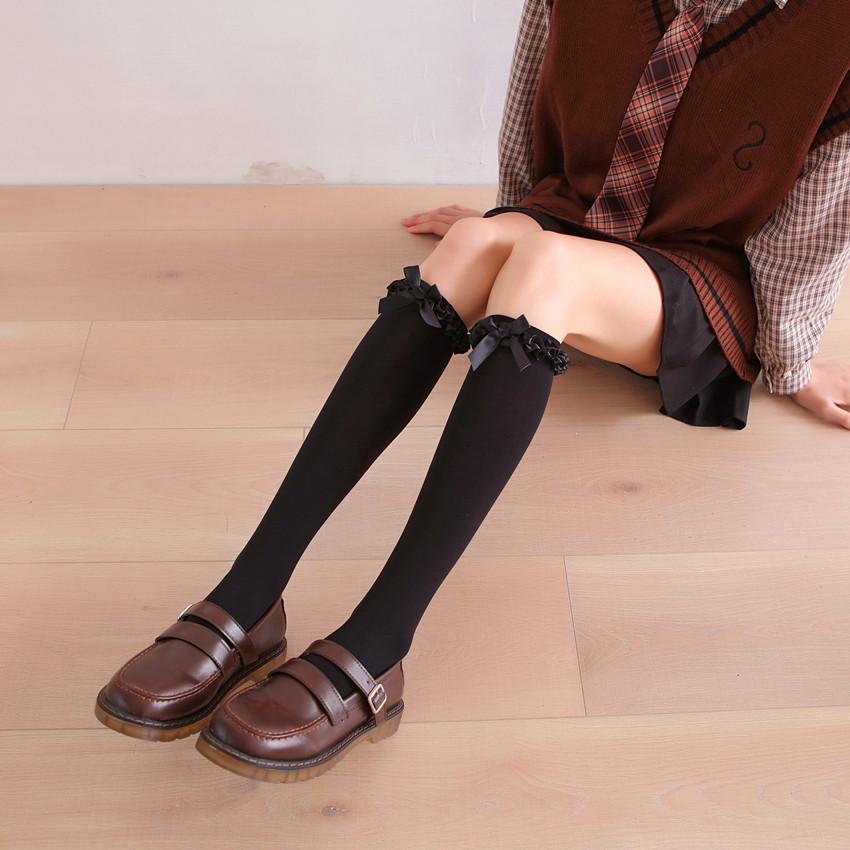 Spring And Summer Japanese Lotus Leaf Lace Medium Tube Socks Women'S Bow And Knee Calf Socks Lolita Uniform Stockings