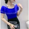 Summer Ruffles Hot Diamonds Square Collar T-Shirts Women Short Sleeved Mesh Tops Shirts Streetwear Girl Fashion Tees Blouse