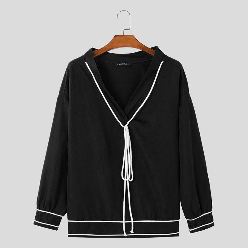 

INCERUN свободные мужские футболки с V-образным вырезом и длинным рукавом, повседневные топы M чёрный