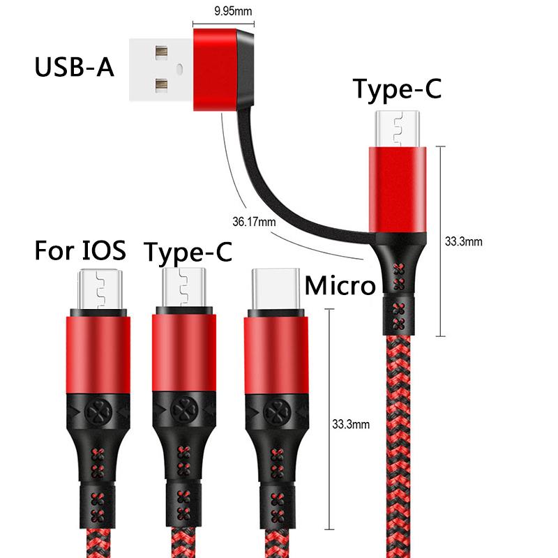 Nylon Braided 3 In 1 Multiple Usb Cable Adapter Super Fast Charging For Type-c Iphone Android