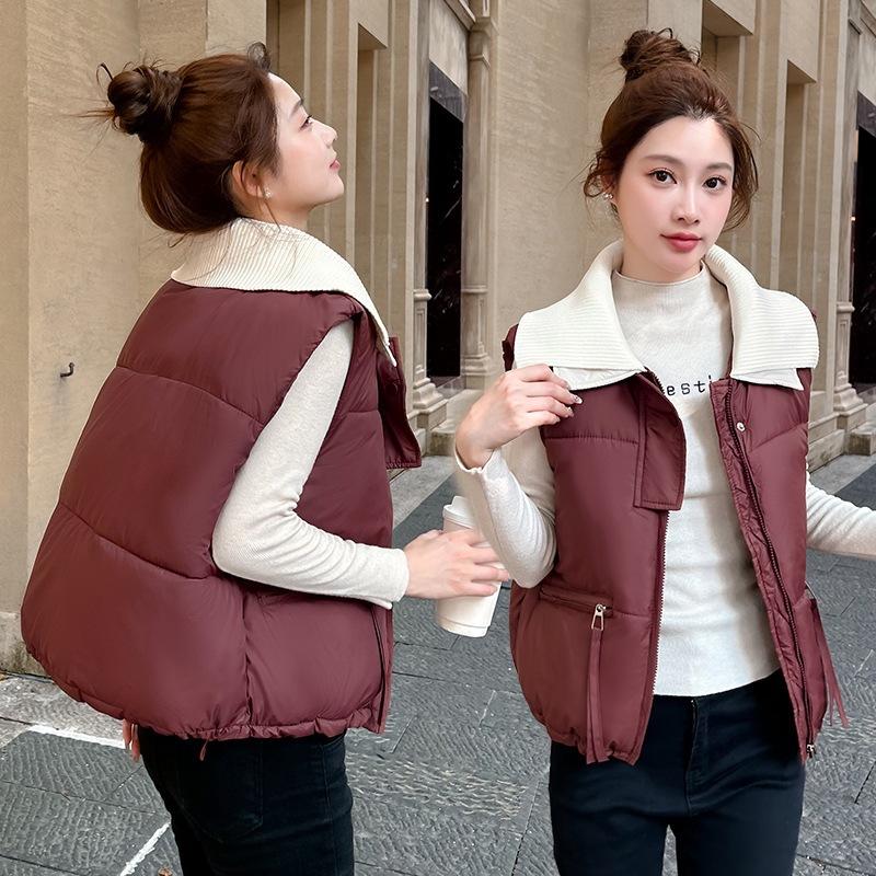 PU knitted collar down cotton vest women's autumn and winter short loose cotton vest cotton jacket vest stand collar vest outside