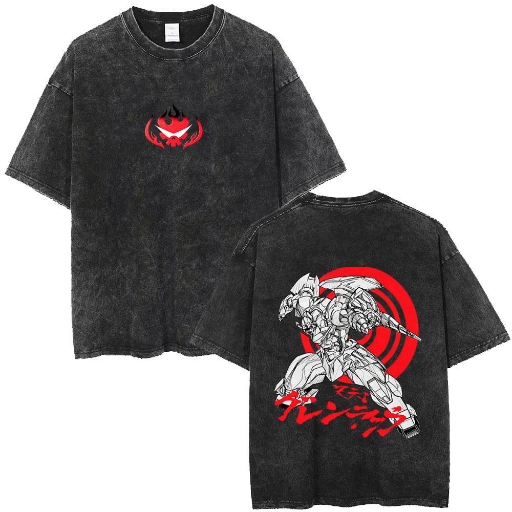 Anime Tengen Toppa Gurren Lagann Spiral Power Simon Vintage Washed T-shirt Manga Oversized T Shirts Cartoon Streetwear Unisex