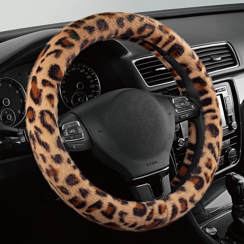 Road Comforts Leopard Plush Steering Wheel Cover For Winter, Made With Flurry Microfiber, Universal Fit 14 1/2 To 15 Inches Steering Wheel Cover,