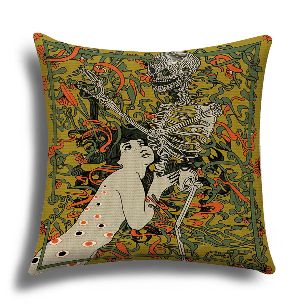 Classic Retro Girl Skull Illustration Cushion Cover Pillow Cover Sofa Cushion Cover Living Room Bedroom Soft Home Decoration