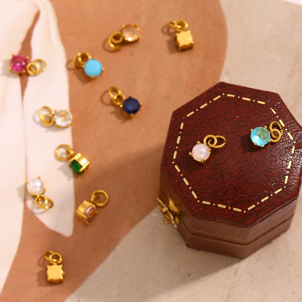 MamacitaSlay Stainless Steel Birthstone Round Charm Earrings Necklace Bracelet DIY Accessories Women's Retro Waterproof Jewelry
