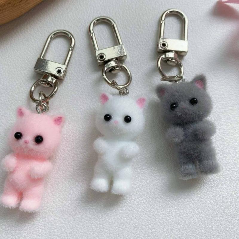 Flocking Cat Pendant Keychain Bows Shaped Key Chain Bowknot Keyring Jewelry Camera Bag Decorations Handmade Gift